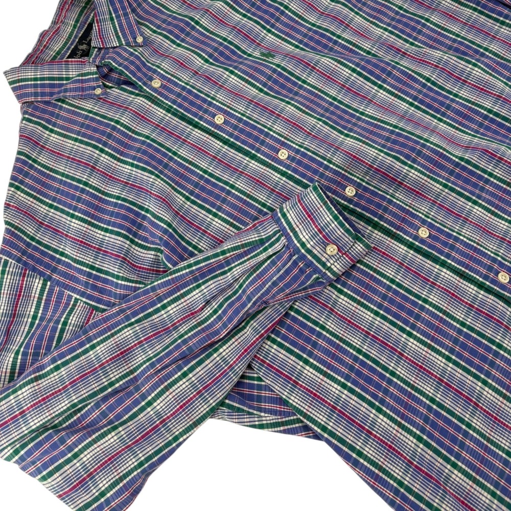 Ralph Lauren Blake Button Down Mens Large Shirt Blue Green Plaid Cotton L/S